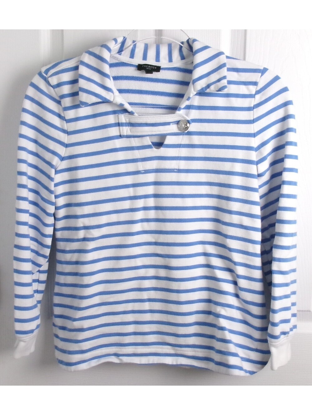 Talbots Petite MP Blue White Striped Nautical Anchor Cotton Pullover Sweatshirt